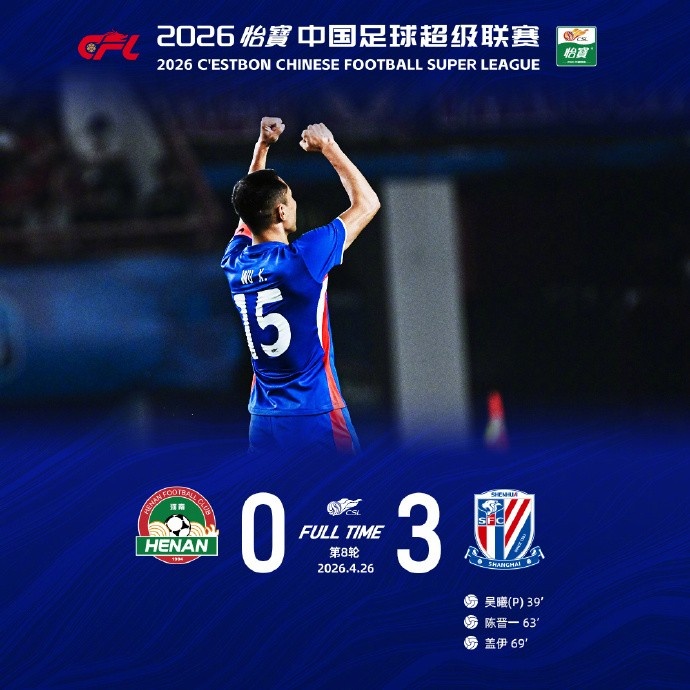 特謝拉造點(diǎn)吳曦命中，申花客場(chǎng)3-0完勝河南