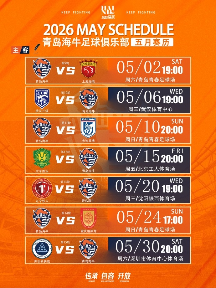 青島海牛五月七戰：三主四客魔鬼賽程考驗耐力與輪換深度