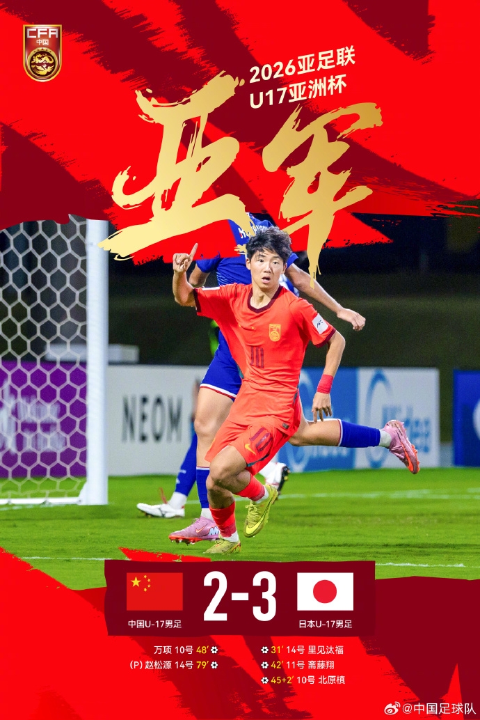 U17國足2-3日本獲亞洲杯亞軍 創(chuàng)近10屆最佳 萬項破門趙松源替補點射